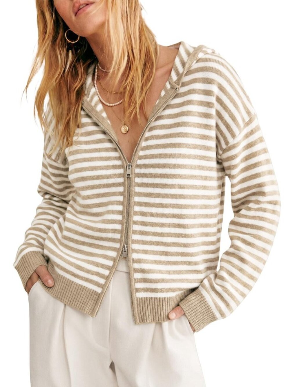 Womens Striped Hooded Cardigan Zip Up Knit Long Sleeve Sweaters